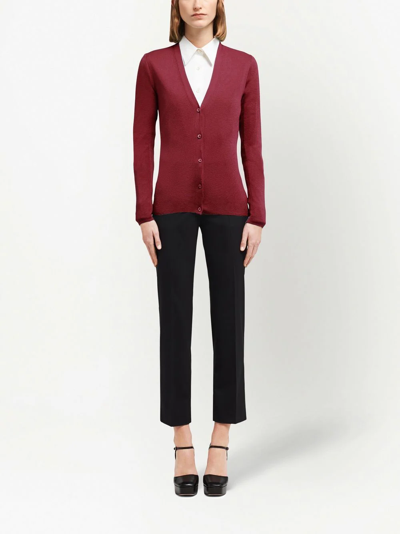 Shop Prada V-neck Cashmere-silk Cardigan In Red