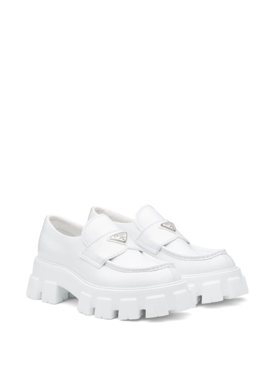 Shop Prada Moonlith Brushed Leather Loafers In White