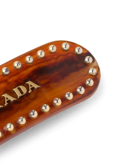 Prada Studded Logo-lettering Hair Clip In Brown