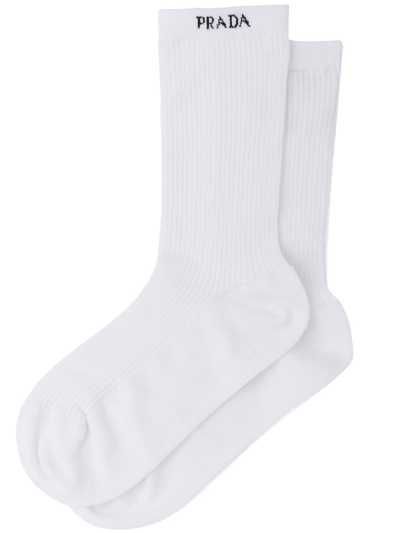 Shop Prada Logo-print Ribbed Socks In White