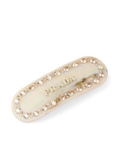 Shop Prada Crystal-embellished Logo Hair Clip In F0304 Ivory