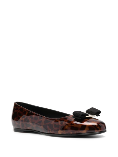 Ferragamo Vara-bow Leopard-print Ballerina Shoes In Brown