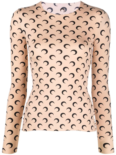 Marine Serre Beige Crewneck T-shirt With All-over Crescent Moon Print In Neutrals