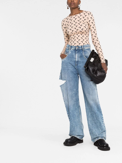 Shop Marine Serre Crescent Moon-print Second-skin Top In Neutrals