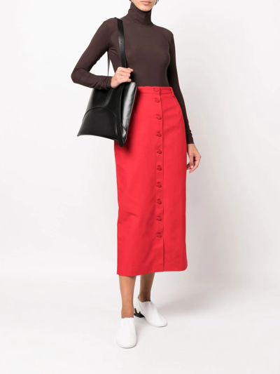 Shop Raf Simons Buttoned-up Denim Midi Skirt In Red