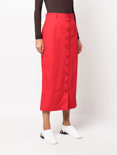 Shop Raf Simons Buttoned-up Denim Midi Skirt In Red