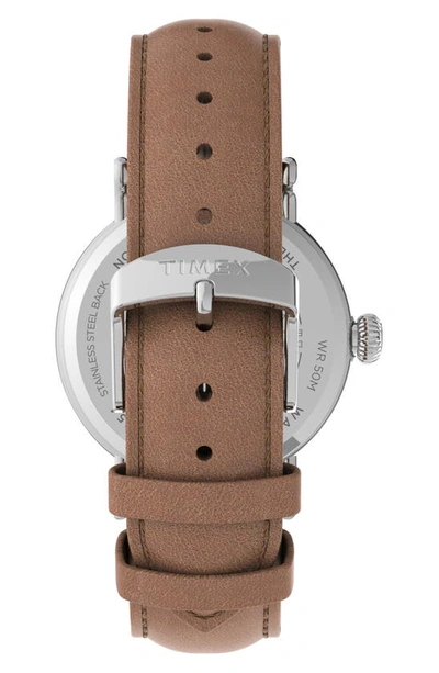 Shop Timex Standard Leather Strap Watch, 40mm In Silver/ Green/ Brown