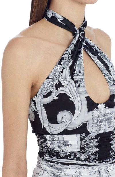 Shop Versace Barocco Print Halter Neck Jersey Midi Dress In Black White