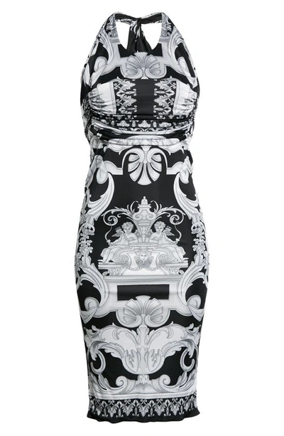 Shop Versace Barocco Print Halter Neck Jersey Midi Dress In Black White