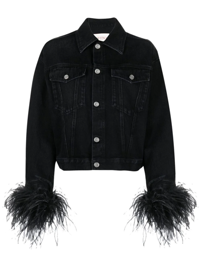 Shop Valentino Feather-trimmed Denim Jacket In Black