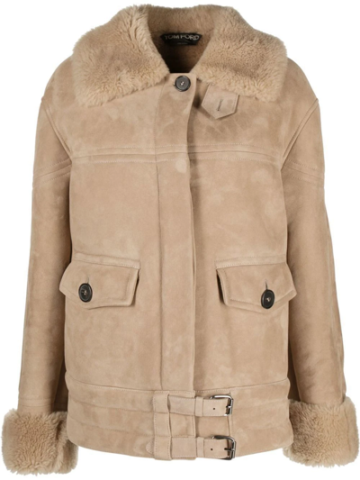 Shop Tom Ford Single-breasted Shearling-trim Jacket In Neutrals