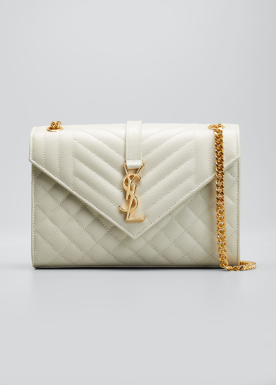 Shop Saint Laurent Envelope Triquilt Medium Ysl Shoulder Bag In Grained Leather In White