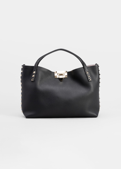 Shop Valentino Rockstud Calfskin Small Tote Bag In Black
