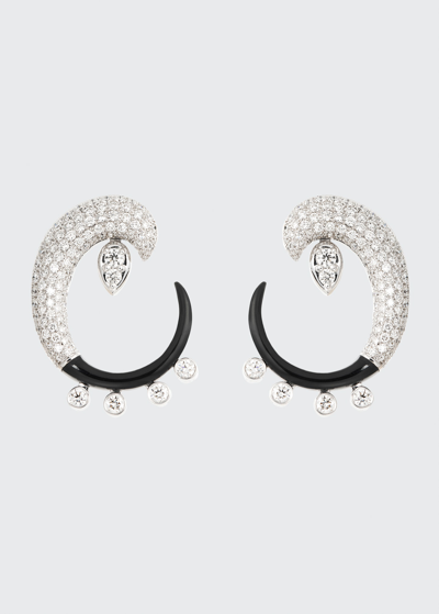 Shop Nikos Koulis Oui Open Curl Earrings With Diamonds And Black Enamel In Wg