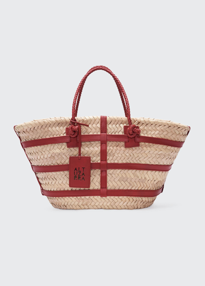 Shop Altuzarra Watermill Small Straw & Leather Tote Bag In Natural/holly Red