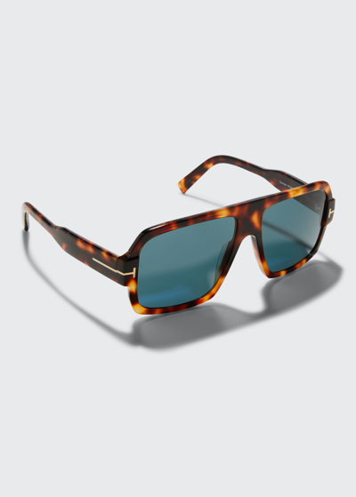 Shop Tom Ford Men's Camden Square T-logo Sunglasses In 01a Shiny Black