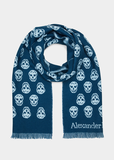 Shop Alexander Mcqueen Reversible Skull-print Wool Scarf In Blue Sky