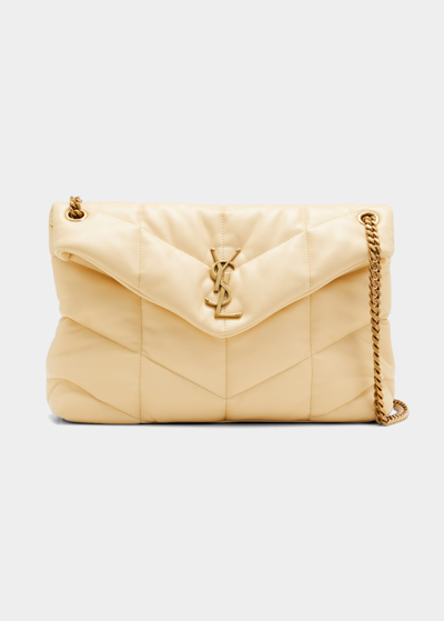 Shop Saint Laurent Loulou Puffer Medium Ysl Flap Shoulder Bag In Light Vanilla