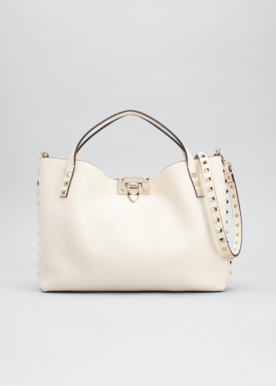 Shop Valentino Rockstud Calfskin Small Tote Bag In Light Ivory