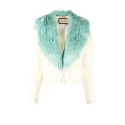 Shop Gucci Neutral Faux Fur Collar Cardigan In Neutrals