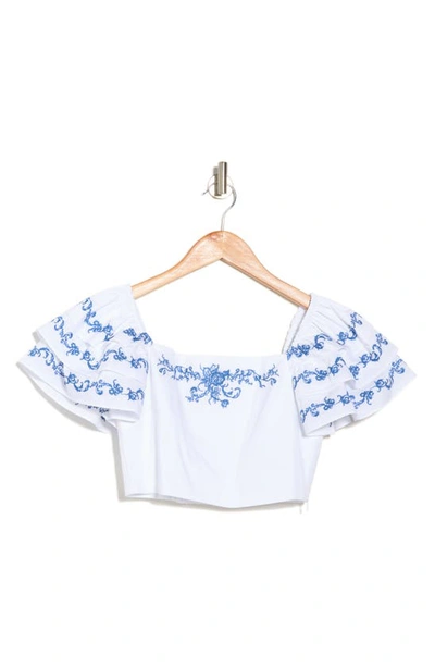 Shop Caroline Constas Delia Embroidered Tiered Ruffle Crop Top In White Blue Embroidery