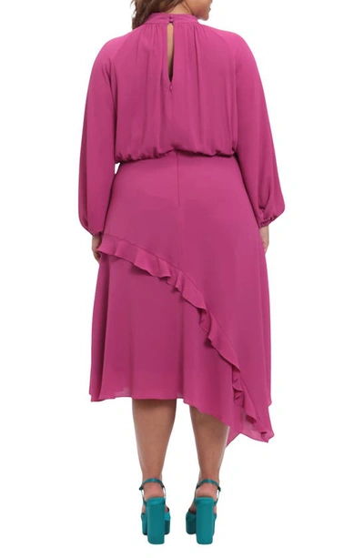 Shop Donna Morgan Ruffle Detail Long Sleeve Asymmetric Hem Dress In Festival Fuchsia