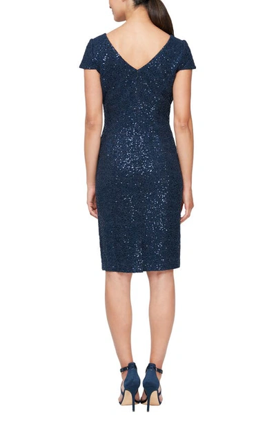 Alex Evenings Sequin Corded Lace Cocktail Dress In Navy