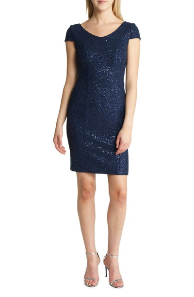 Alex Evenings Sequin Corded Lace Cocktail Dress In Navy