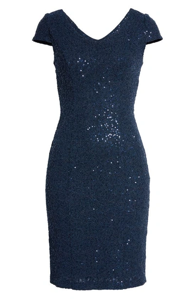Alex Evenings Sequin Corded Lace Cocktail Dress In Navy