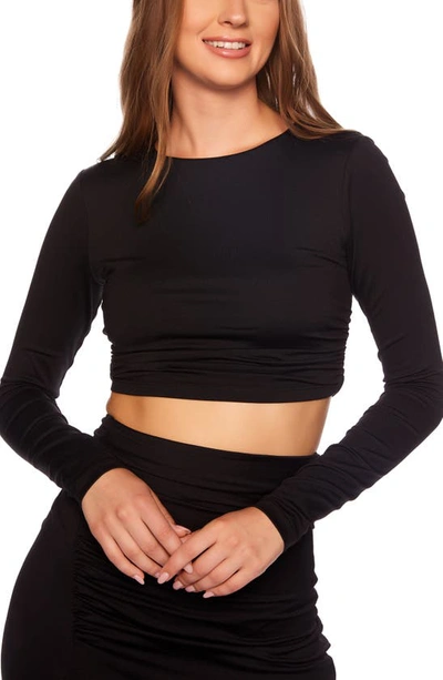 Shop Susana Monaco Shirred Long Sleeve Crop Top In Black