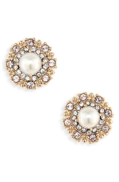 Shop Marchesa Pavé Halo Imitation Pearl Stud Earrings In Gold/ Blush