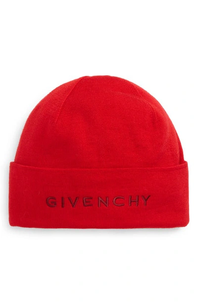 Shop Givenchy Embroidered Wool Logo Beanie In Red