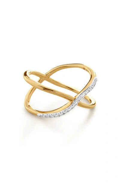 Shop Monica Vinader Riva Kiss 18k Gold Vermeil Pavé Diamond Crossover Ring In 18ct Gold Vermeil On Sterling