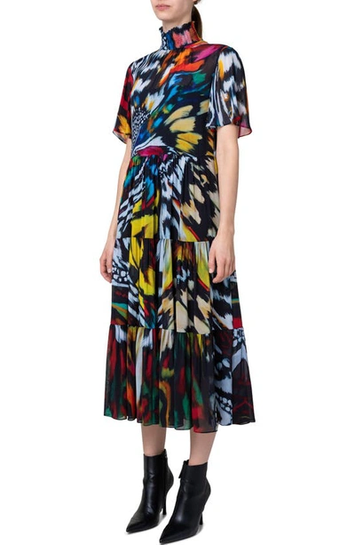 Shop Akris Punto Butterfly Print Tiered Georgette Midi Dress In Multicolor