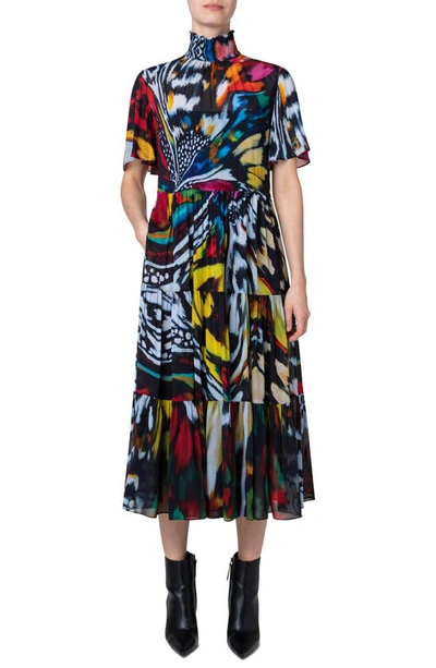 Shop Akris Punto Butterfly Print Tiered Georgette Midi Dress In Multicolor