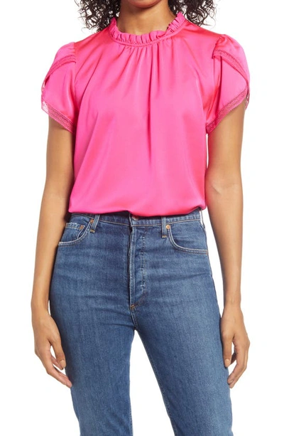 Shop Jcrew Tulip Sleeve Ruffle Neck Top In Neon Fuchsia