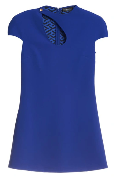 Shop Versace Cady Asymmetric Keyhole Cutout Cap Sleeve Shift Dress In Blue
