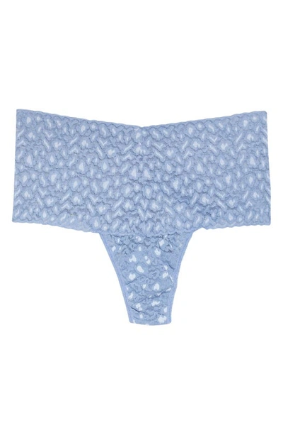 Shop Hanky Panky X-dye Leopard Print Retro Lace Thong In Stonewash Blue/ Serenity Blue