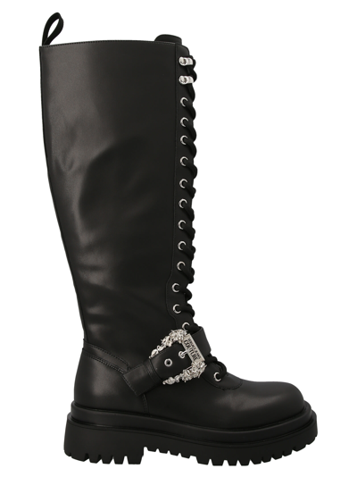 Shop Versace Jeans Couture Buckle Detail High Boots In Black