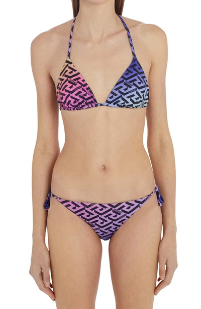 Shop Versace La Greca Rainbow Print Monogram Bikini Top In Multicolor