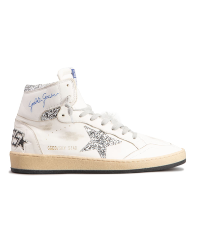 Shop Golden Goose Sky Star Leather High-top Sneakers In White/silver