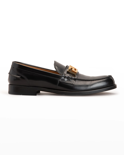 Shop Versace Men's Greca Leather Loafers In Black/gold