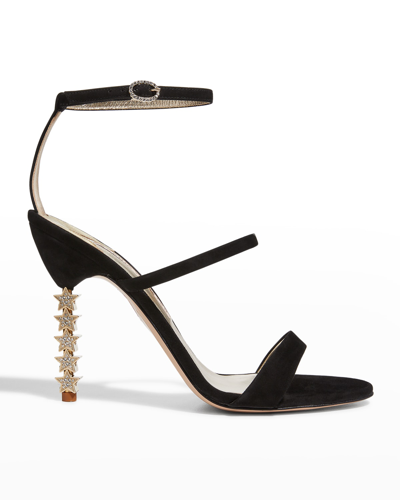 Shop Sophia Webster Rosalind Crystal Star-heel Suede Sandals In Black/gold