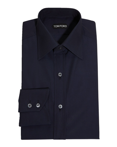 Shop Tom Ford Men's Solid Cotton Dress Shirt In Dark Blue Solid