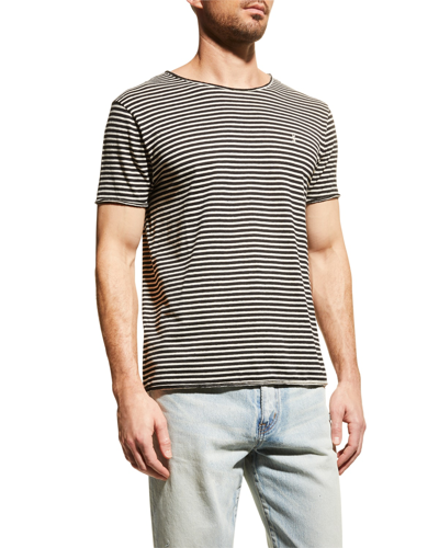 Shop Saint Laurent Men's Fine Stripe Linen-blend T-shirt In Nero/nature