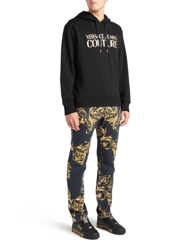 Shop Versace Jeans Couture Men's Metallic-logo Pullover Hoodie In Black/gold