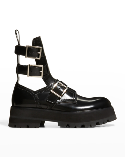 Shop Alexander Mcqueen Rave Calfskin Buckle Loafer Boots In Black/silver