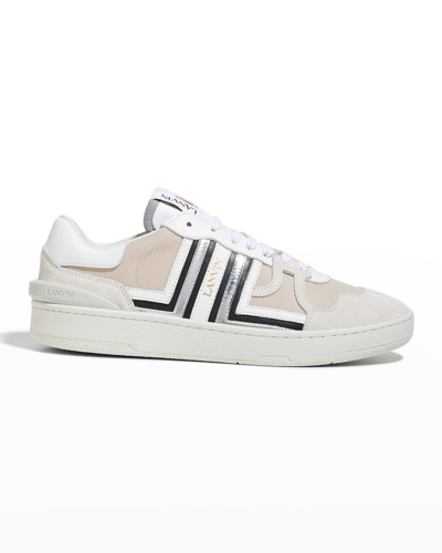 Shop Lanvin Men's Metallic Clay Low-top Leather-suede Sneakers In White/silver