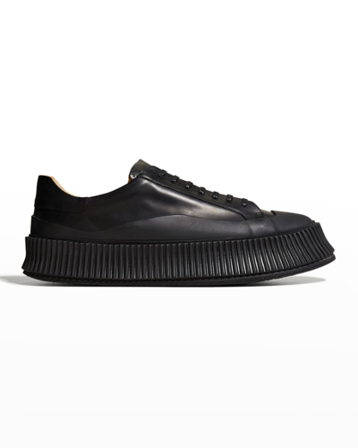 Shop Jil Sander Men's Platform Ribbed-sole Leather Low-top Sneakers In Black