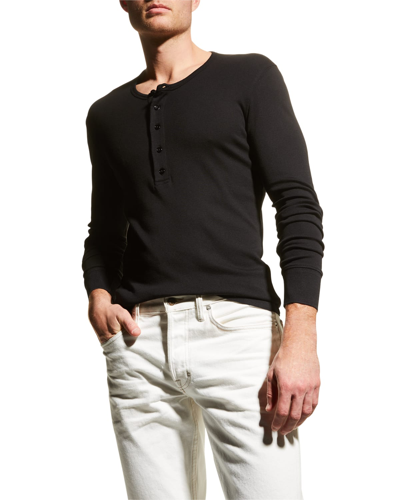 Shop Tom Ford Men's Henley Long-sleeve Jersey T-shirt In Black Solid